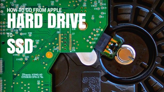 A close of photo of a computer hard drive the words "How to go from Apple Computer Hard Drive to SSD" printed on top left corner of the image
